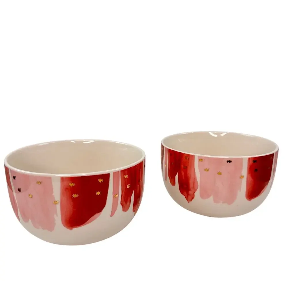 Anthropologie Night Sky Cereal Bowls Watercolor Gold Star Ceramic Round Set of 2